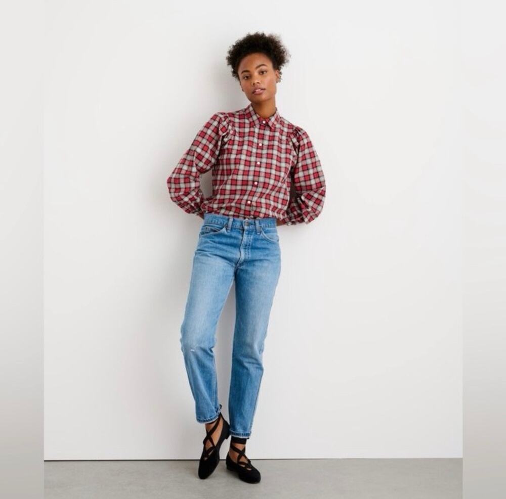 ALEX MILL Janelle Button Up Blouse Red Tartan Plaid 100% Cotton Size XS